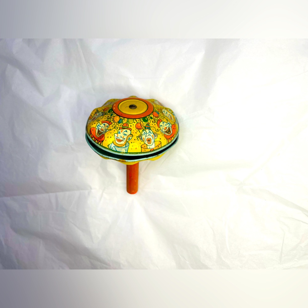 Vintage Creepy Clown Haunted Rattle Ghost Antique Tin Baby Noisemaker Toy 40s